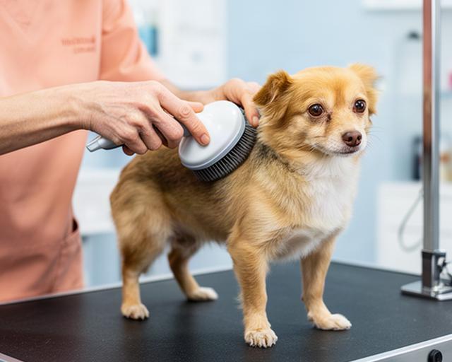 A groomer gently brushing a small dog while the dog stands comfortably on a nonslip salon table