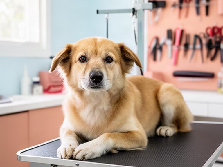 A dog resting calmly on a grooming table in a bright, tidy pet salon in Gamu