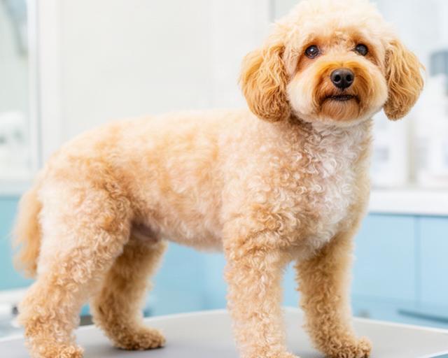 Same small curly-coated dog after a balanced breed-inspired trim and bath