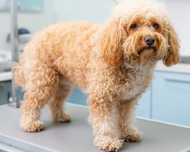 Small curly-coated dog before grooming with an overgrown coat around its face and legs