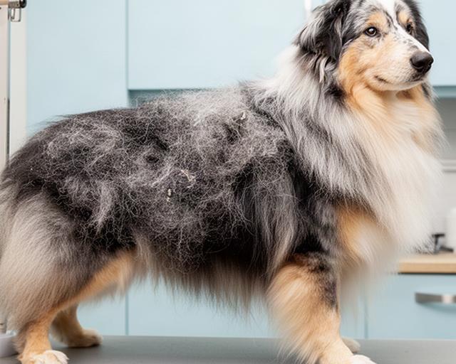 Double-coated dog before grooming with loose undercoat visible across its back