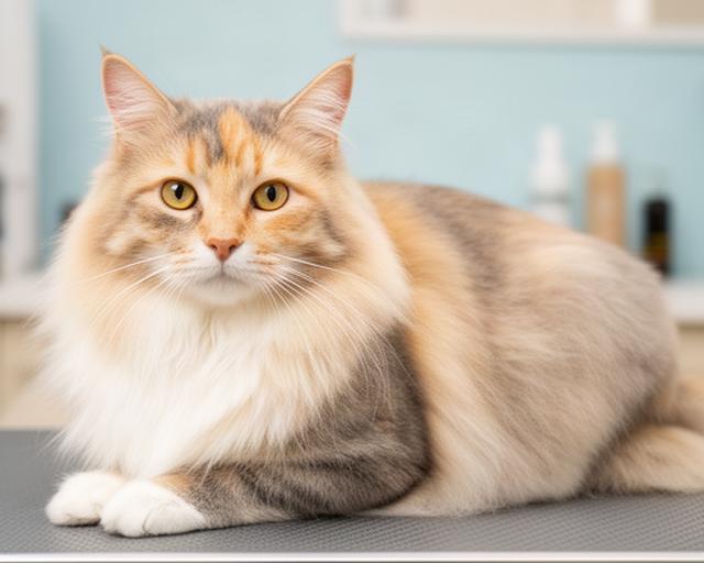 Same long-haired cat after a gentle brush-out and coat tidy, resting calmly