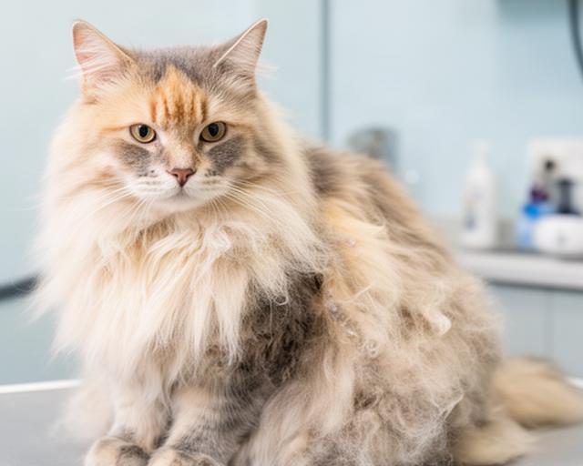 Long-haired cat before grooming with loose fur and small tangles in its coat