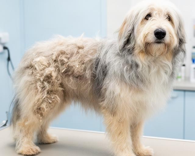 Long-coated dog before grooming, with visible tangles through the coat