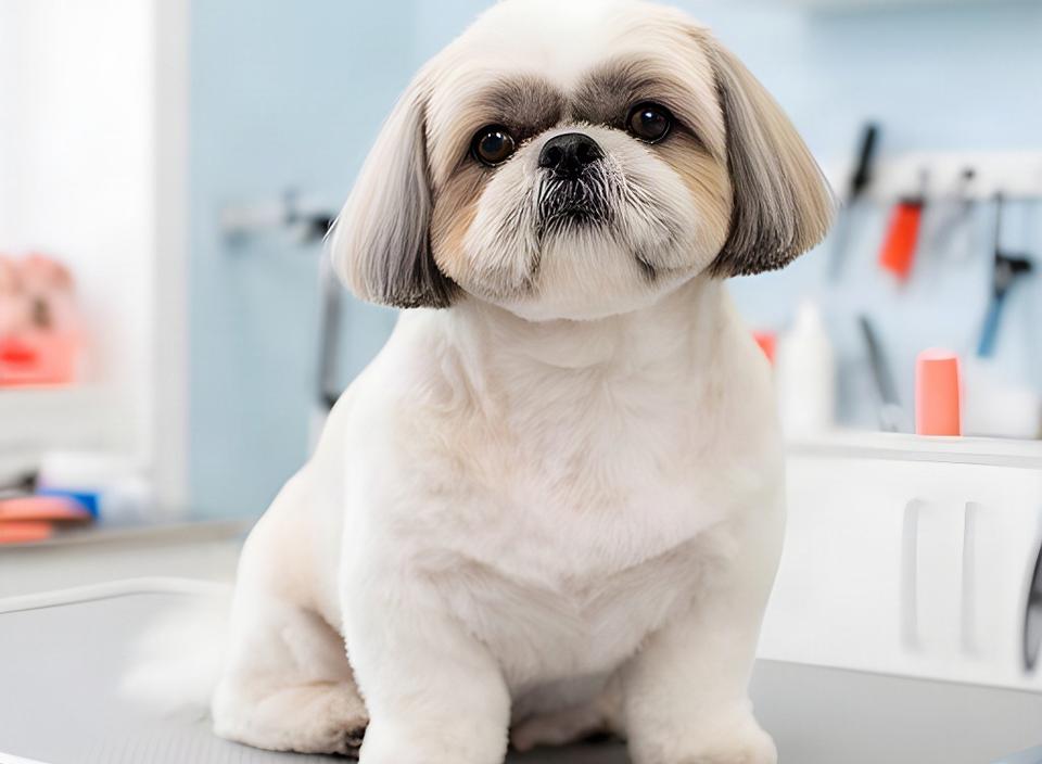 Freshly groomed Shih Tzu with a rounded face trim sitting on a clean grooming table in a bright salon