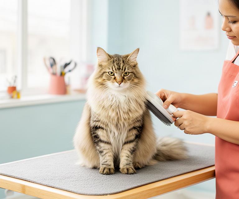 Long-haired cat sitting calmly on a grooming table in a quiet, bright salon while a groomer brushes its coat