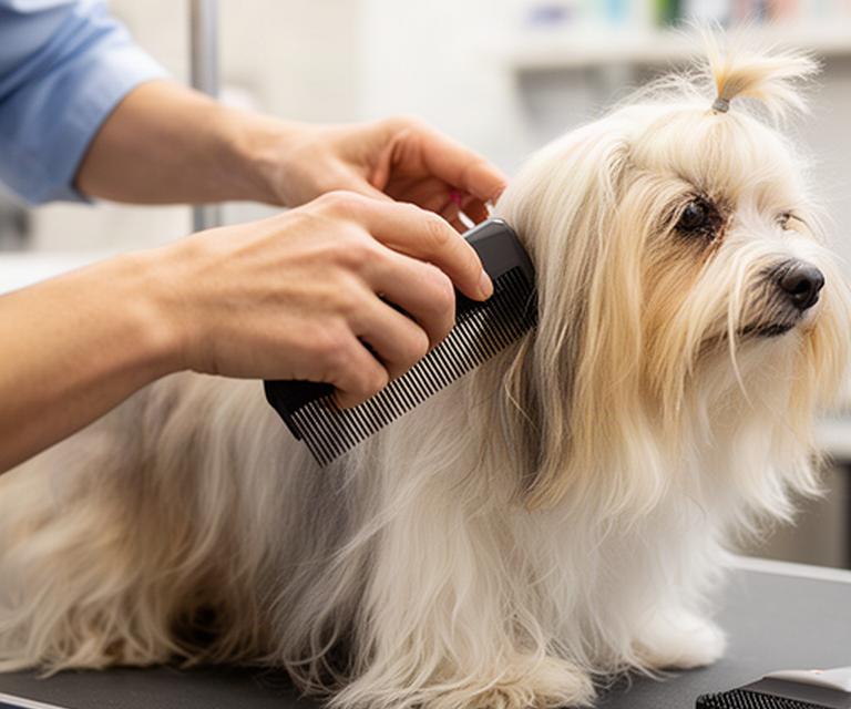 Groomer gently brushing a long-haired small dog to check the coat before planning its next trim