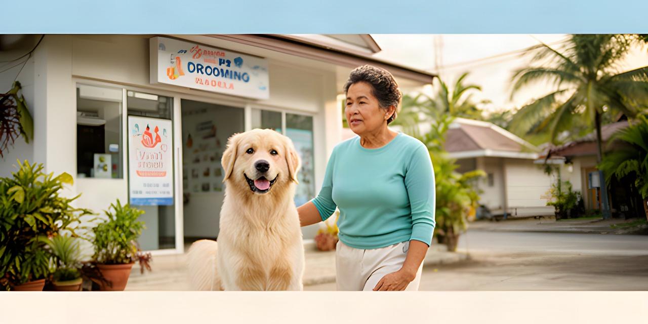 A freshly brushed dog beside its owner outside a pet grooming salon in Gamu, Isabela