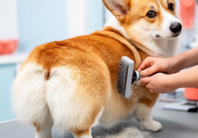 Corgi with a fluffy double coat being brushed gently around the hindquarters