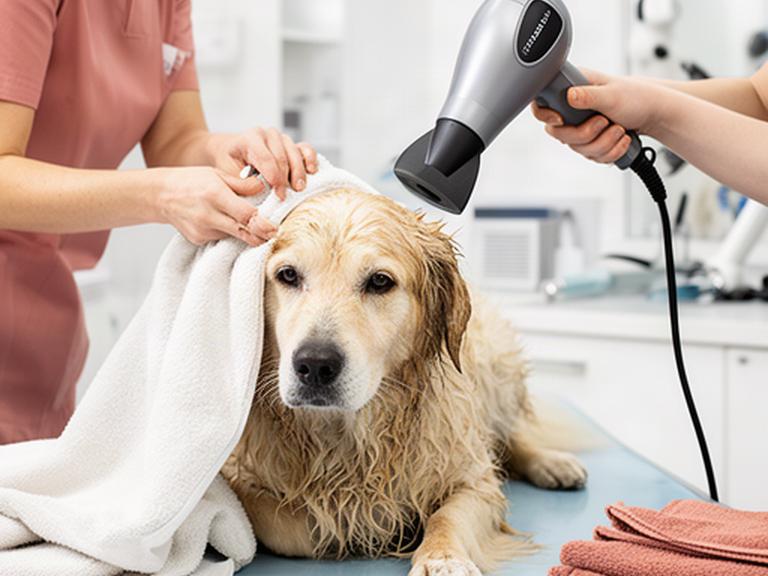 Groomer gently drying a medium-sized dog with a towel and low-heat dryer in a clean grooming area