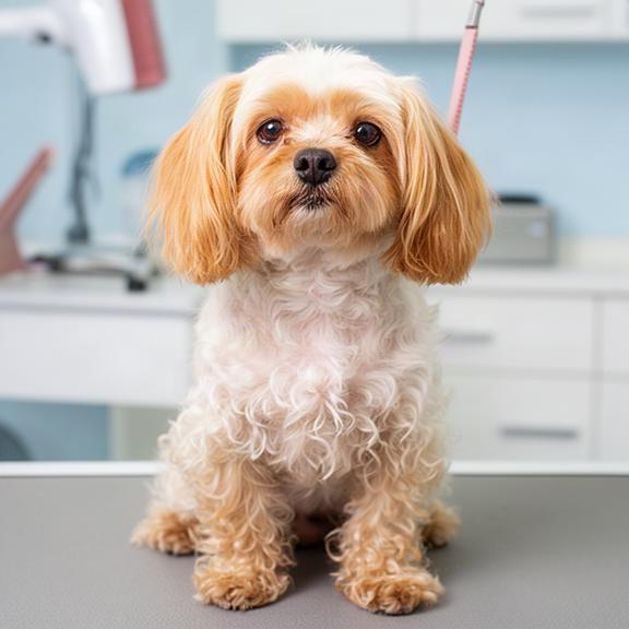 Long-coated small dog before grooming with visible loose curls around the legs and ears