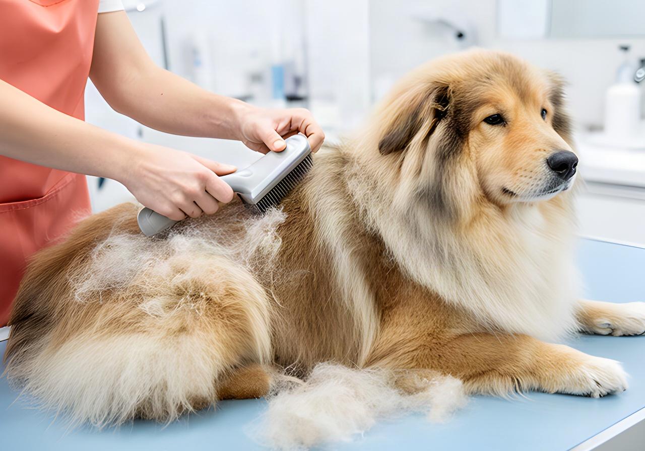 A groomer brushing loose undercoat from a calm, thick-coated dog in a bright grooming salon