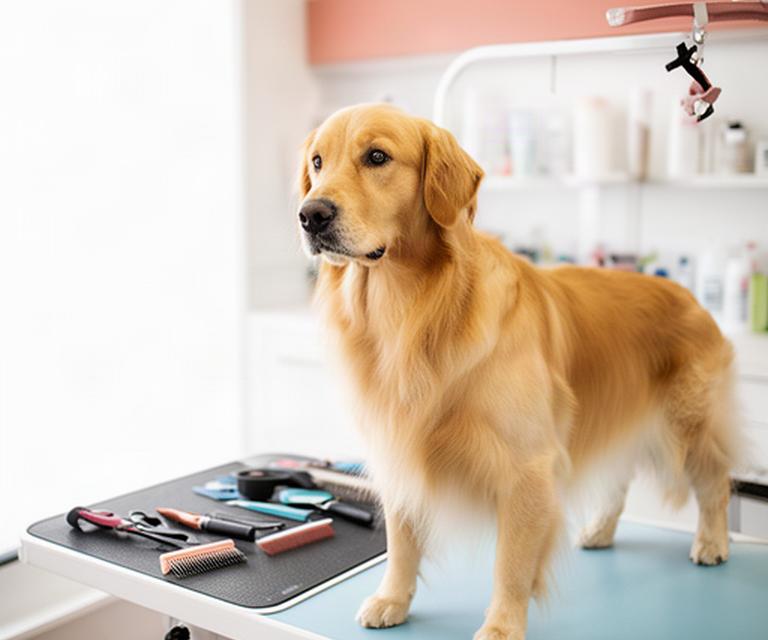 Freshly groomed golden dog standing calmly beside a grooming table in a bright, tidy salon