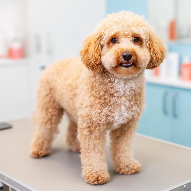 Curly-coated apricot dog with a clean, shaped coat after bathing and a breed-specific style