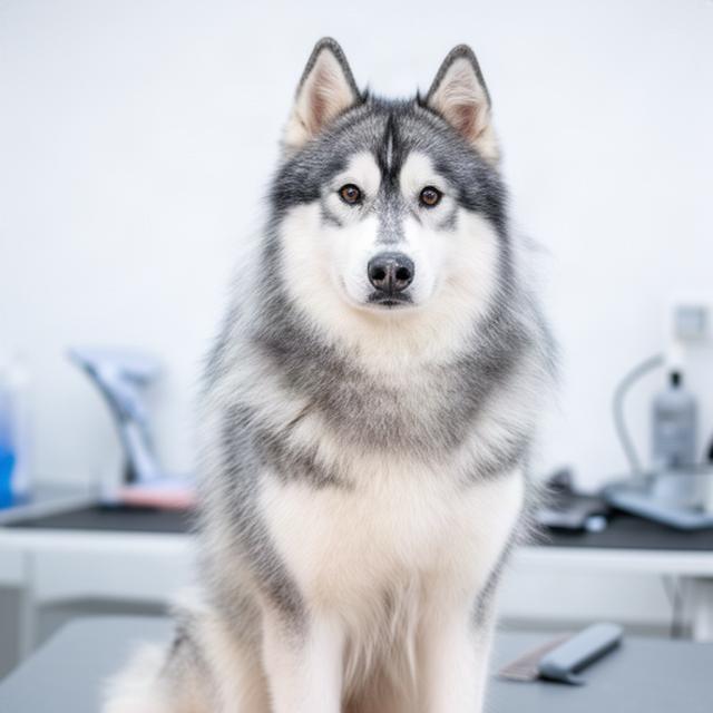 Husky-type double-coated dog with a lifted, brushed coat after loose undercoat removal