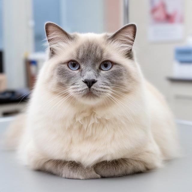 Fluffy cream-and-grey cat with a detangled coat after a patient brush-out in a quiet salon