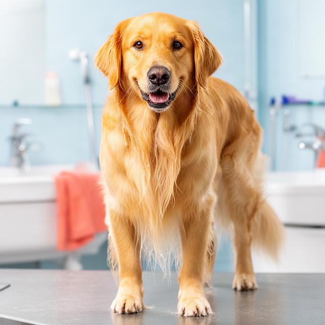 Golden retriever with a clean, glossy coat after a full bath, brush-out, and nail trim