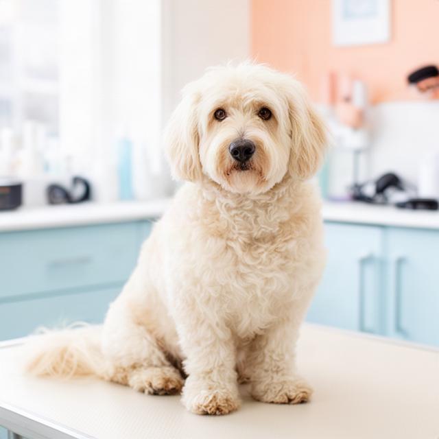 Freshly brushed cream-colored dog sitting calmly after a bath and coat tidy in a bright grooming salon