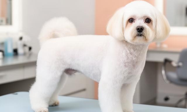 Small white dog with a rounded breed-style trim standing on a clean salon grooming table
