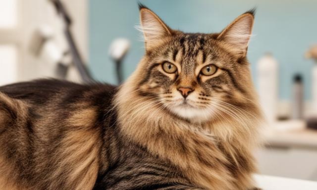 Long-haired tabby cat with a neat, brushed coat resting after gentle cat grooming