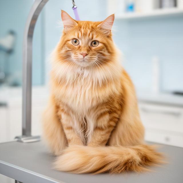 Long-haired ginger cat with its coat gently brushed smooth after a calm grooming session
