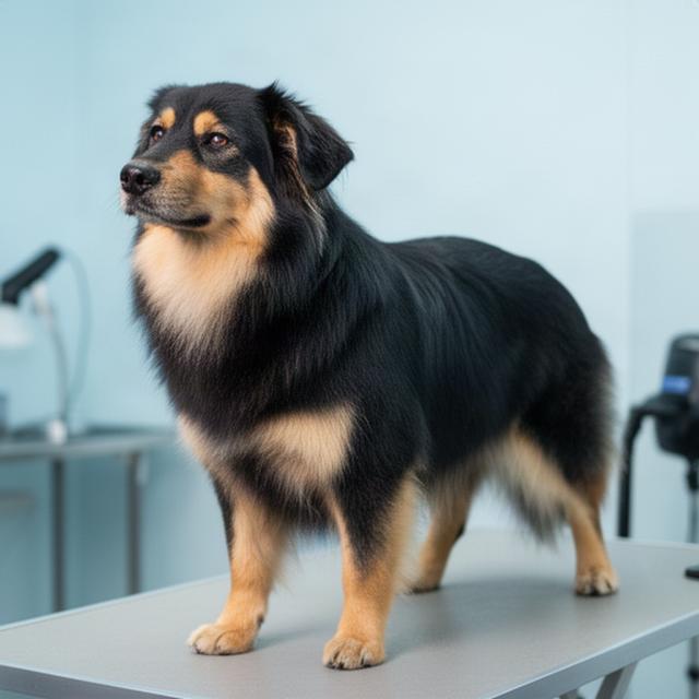 Shepherd-type dog with a smooth, brushed coat after a bath and loose-fur removal