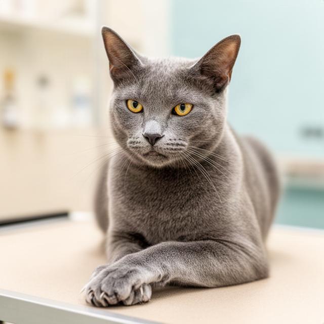 Short-haired grey cat sitting comfortably after a gentle tidy-up and nail trim