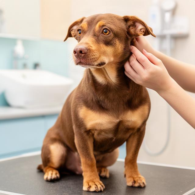 Short-coated brown dog looking clean after a bath, ear check, and careful nail trim