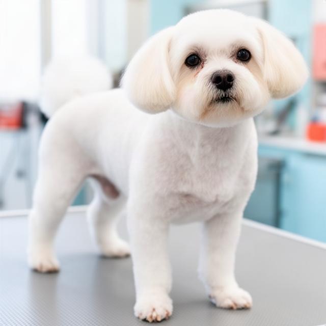 Small white companion dog with an even breed-inspired trim around the face and legs