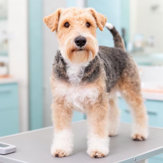 Wire-haired terrier with a clean face and neatly tidied coat after a bath and trim