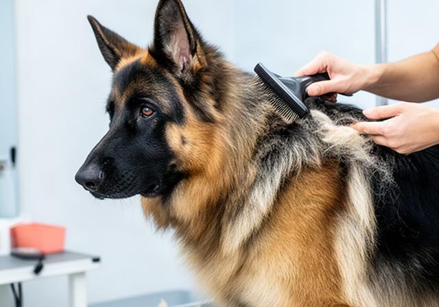 German Shepherd receiving a careful brush-out along its thick coat in a clean grooming room