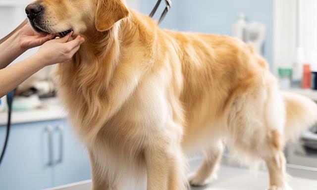 Golden Retriever receiving a neat coat outline and tidy feathering at a grooming salon