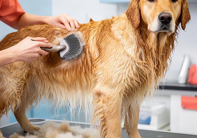 Golden Retriever with a dense golden coat being brushed after a bath at a grooming salon