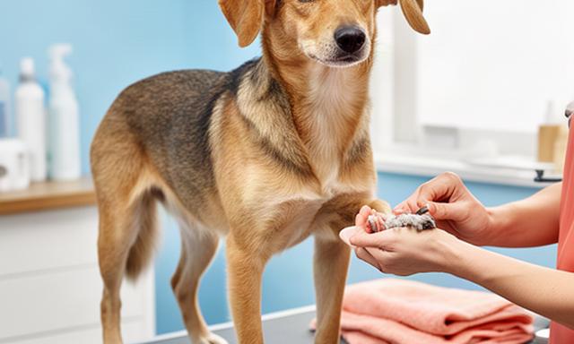 Short-coated dog standing on a grooming table for a routine bath and nail check