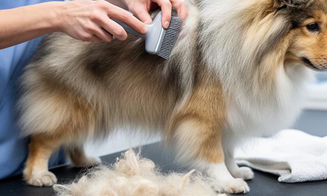 Thick-coated dog receiving careful undercoat brushing before a bath