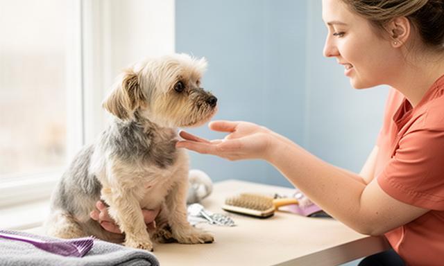 Groomer offering a small dog a calm pause during a first grooming appointment