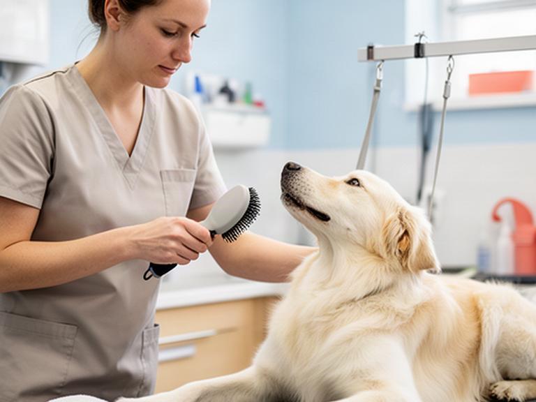 Pet groomer brushing a relaxed dog at eye level in a clean grooming salon
