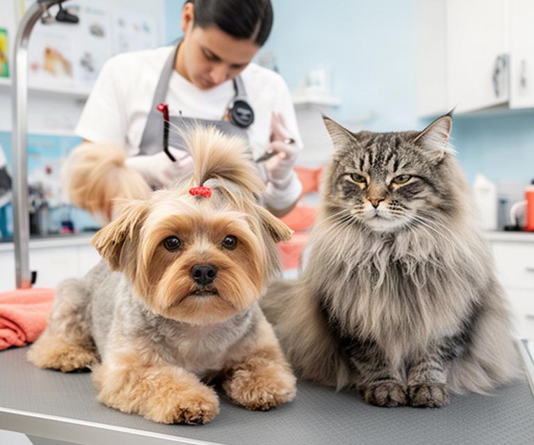 Freshly groomed small dog beside a calm long-haired cat while a groomer works in a bright pet salon
