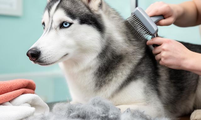 Husky receiving undercoat brushing with loose fur gathered on the grooming table