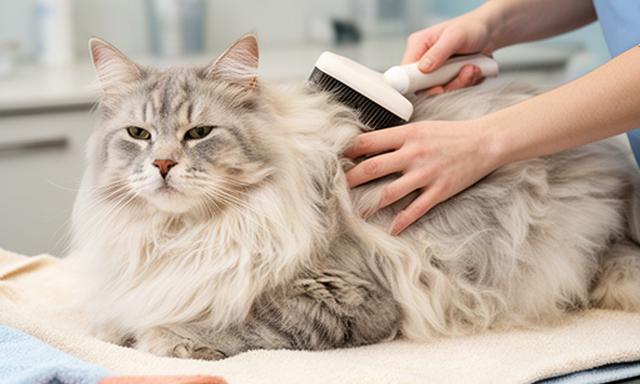 Long-haired cat being gently brushed on a towel-covered grooming surface