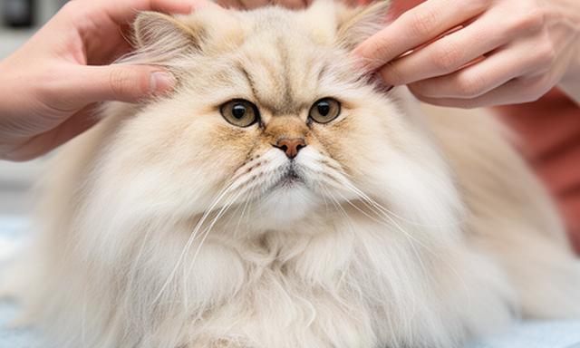 Persian cat having its long facial coat gently checked by a groomer