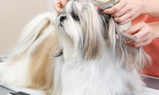 Shih Tzu with a long coat being checked for tangles before a grooming session