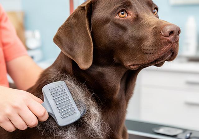 Short-coated Labrador Retriever being brushed to collect loose coat during a grooming appointment