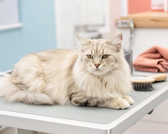 Long-haired cat with a neatly brushed coat resting on a grooming table after coat maintenance