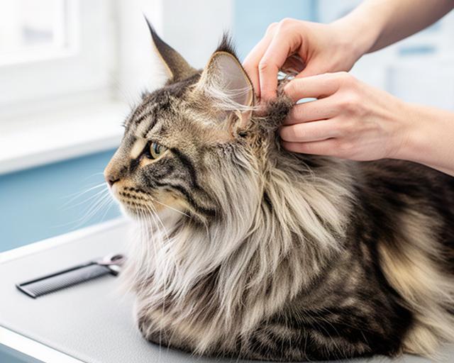 Groomer gently separating a Maine Coon’s thick coat on a padded table to check a small tangle behind the ear