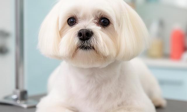 Maltese with a clean face trim and soft, even coat after a breed-focused grooming appointment