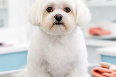 Maltese with a brushed white coat and neatly trimmed face at a grooming salon