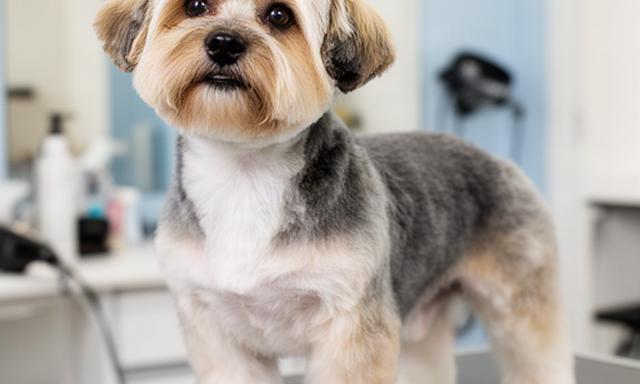 Small mixed-coat dog with a practical shaped trim suited to its coat texture