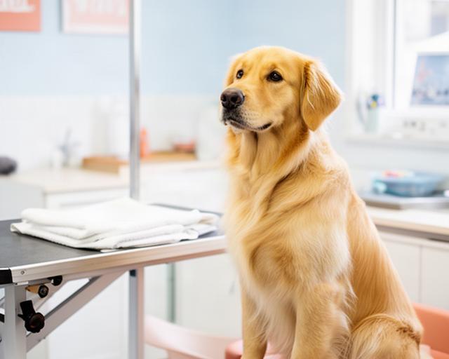 Freshly bathed golden dog sitting calmly beside a grooming table in a bright pet salon