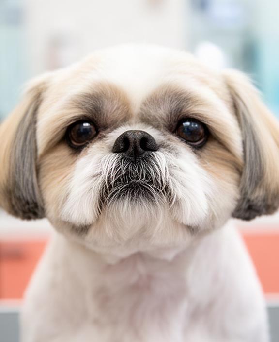 Close view of a Shih Tzu face trim with tidy hair around the eyes and softly rounded muzzle
